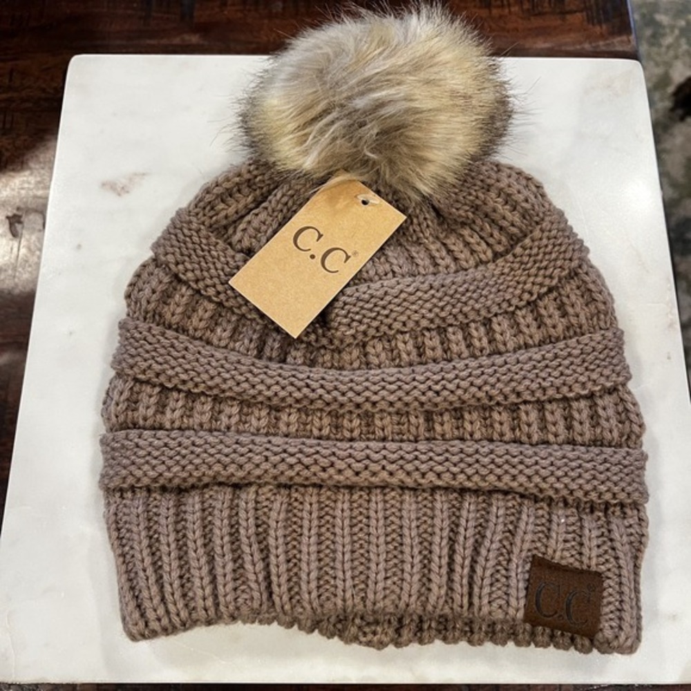 CC Stretch Beanie Exclusive Soft‎ Cable Knit Faux Fur Pom Pom Hat One Size NEW